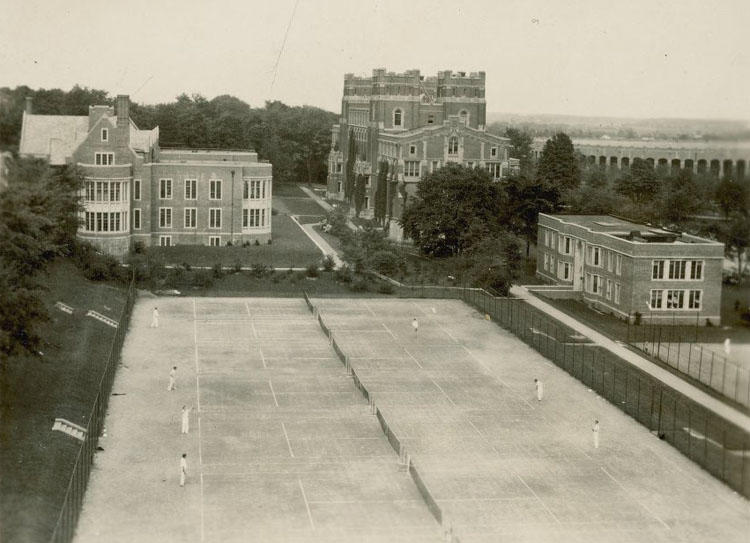 The Grounds and Buildings photos show views of many campus spaces that no longer exist. For example, Wilson College students may recognize these tennis courts, adjacent to McCosh Infirmary, as the site of Dodge-Osborn Hall, 1937 Hall, 1938 Hall, 1939 Hall