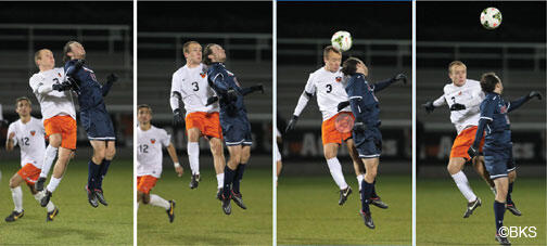 sp-soccer-1.jpg Myles McGinley ’15, shown heading the ball, was one of several players who participated in a season-long study of head impacts.