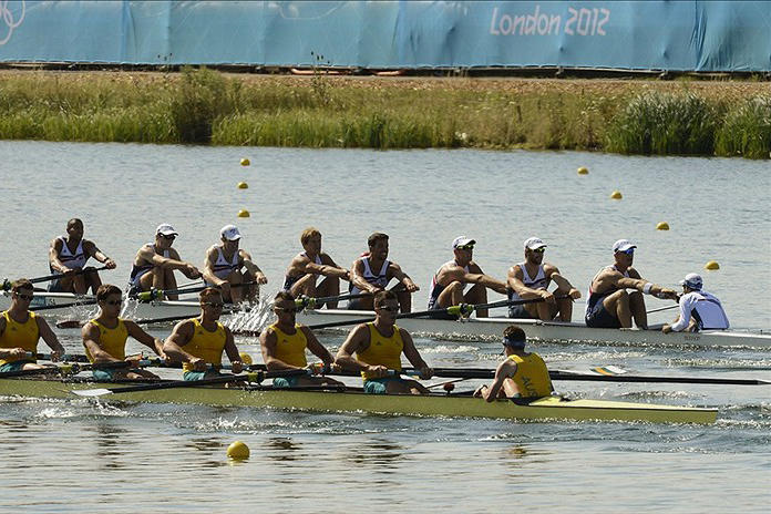 July 28: Eight rowing alumni, representing three countries, competed in the Olympic regatta at Eton Dorney. Sam Loch '06, foreground, third from right, helped Australia reach the finals in the men's eight. 