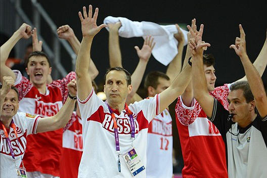 Aug. 4: Russia men's basketball coach David Blatt celebrates a three-pointer late in his team's preliminary win over Spain. Blatt's team eventually earned bronze, Russia's first medal in the event since the dissolution of the Soviet Union.