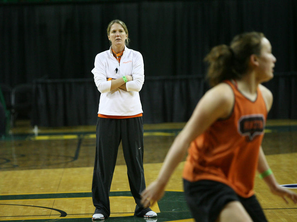 Princeton coach Courtney Banghart oversees practice. In just six seasons, she has won 117 games — second best in program history.