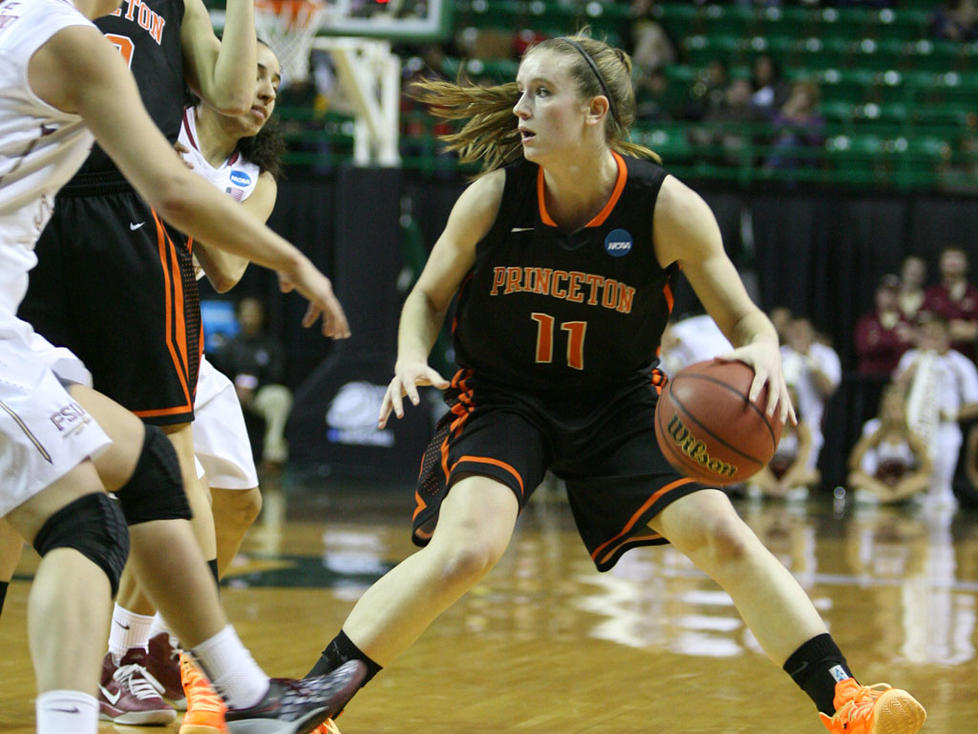 Blake Dietrick '15 looks for an opening. Her back-to-back 3-pointers in the second half drew Princeton to within one point, 38-37.